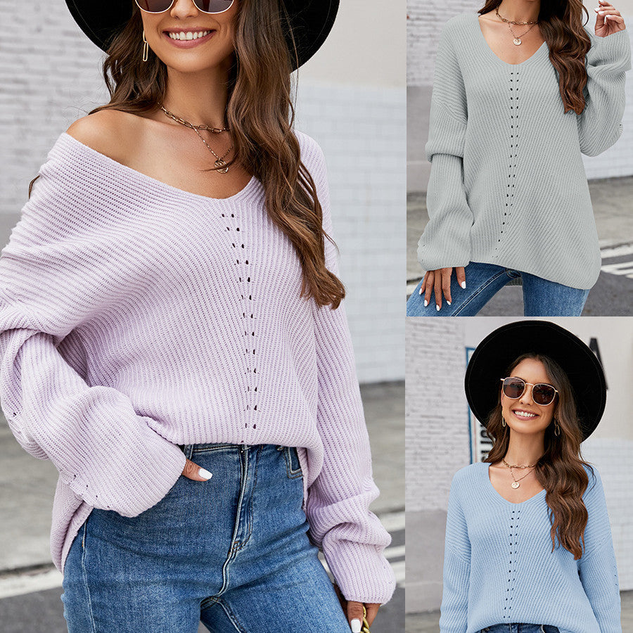 Women's V-Neck Knit Pullover with Pocket – Solid Color, Long Sleeve – S TO XXL