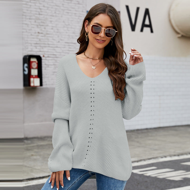 Women's V-Neck Knit Pullover with Pocket – Solid Color, Long Sleeve – S TO XXL