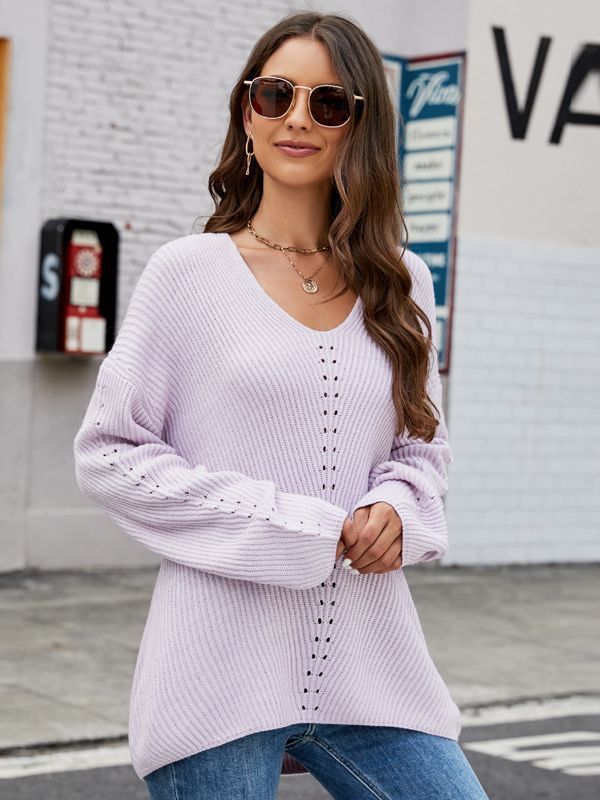 Women's V-Neck Knit Pullover with Pocket – Solid Color, Long Sleeve – S TO XXL