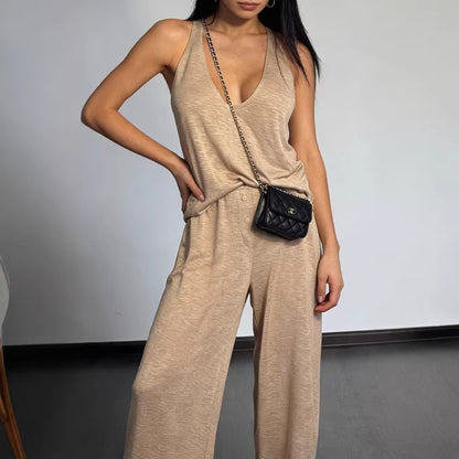 Womens Casual Sleeveless Top And Straight-Leg Pants Set