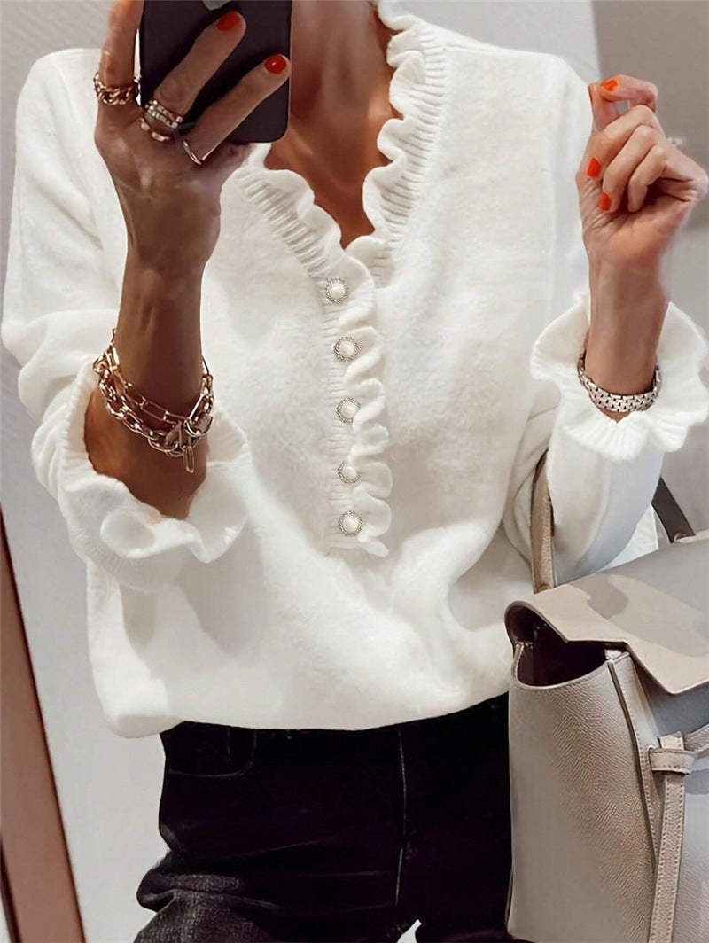 Women's Ruffled V-Neck Knit Sweater – Elegant Winter Pullover