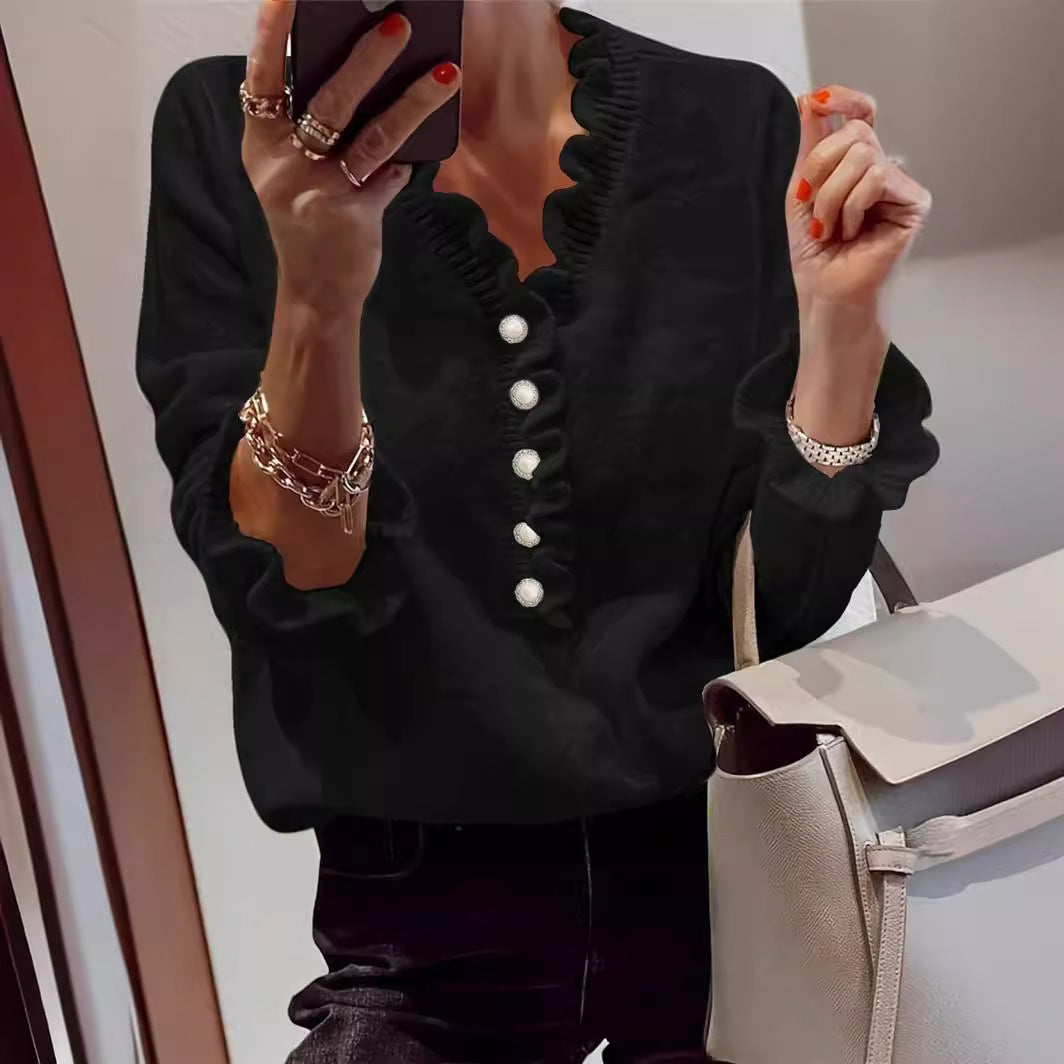 Women's Ruffled V-Neck Knit Sweater – Elegant Winter Pullover
