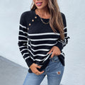 Women's Striped Knit Pullover – Elegant Shoulder Button Sweater - S TO 3XL