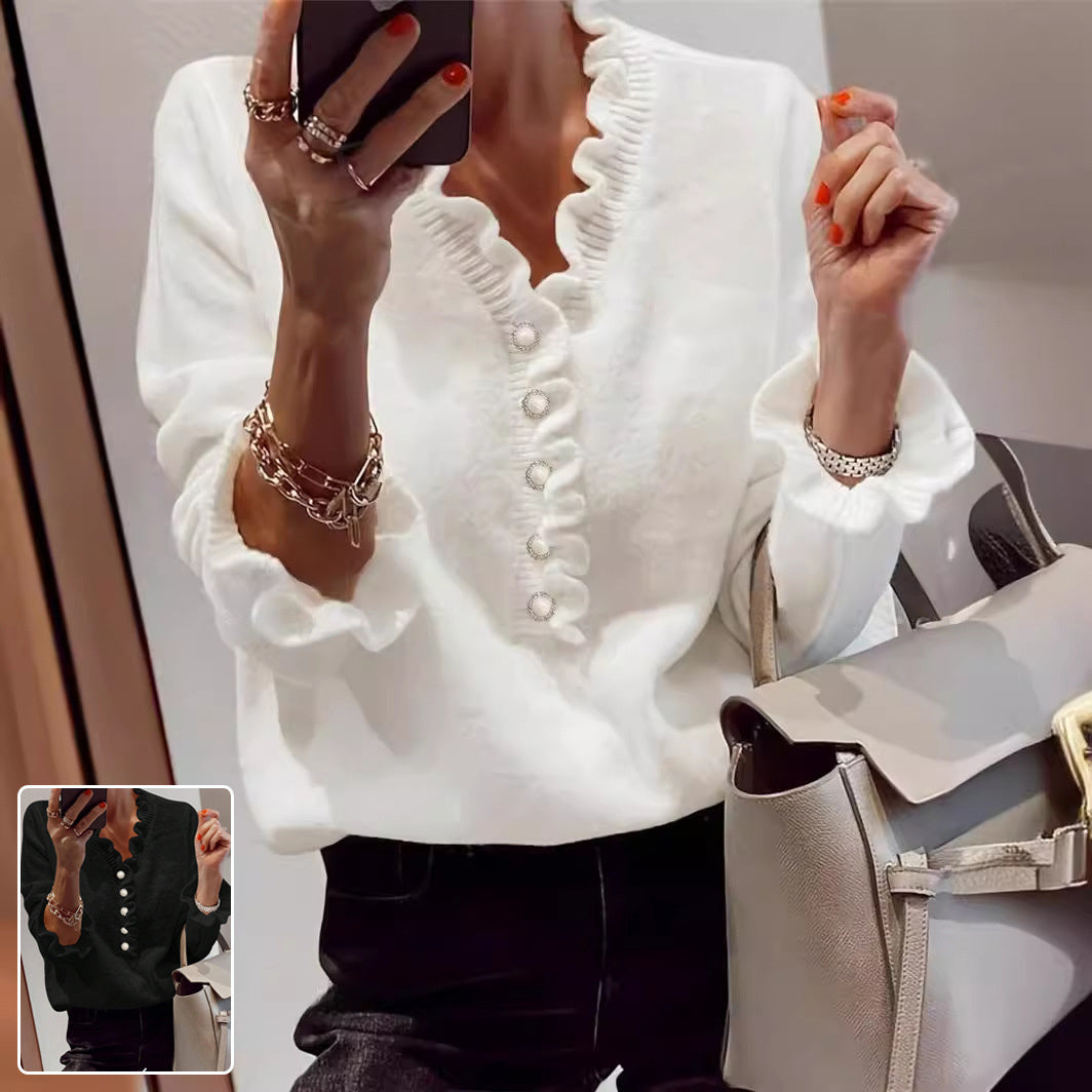 Women's Ruffled V-Neck Knit Sweater – Elegant Winter Pullover