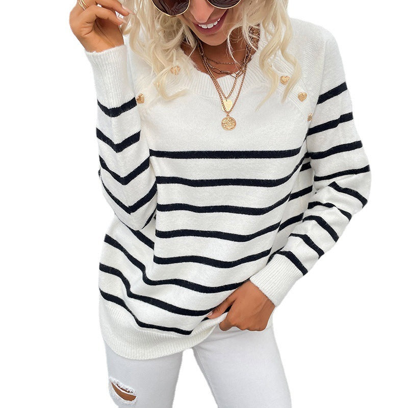 Women's Striped Knit Pullover – Elegant Shoulder Button Sweater - S TO 3XL
