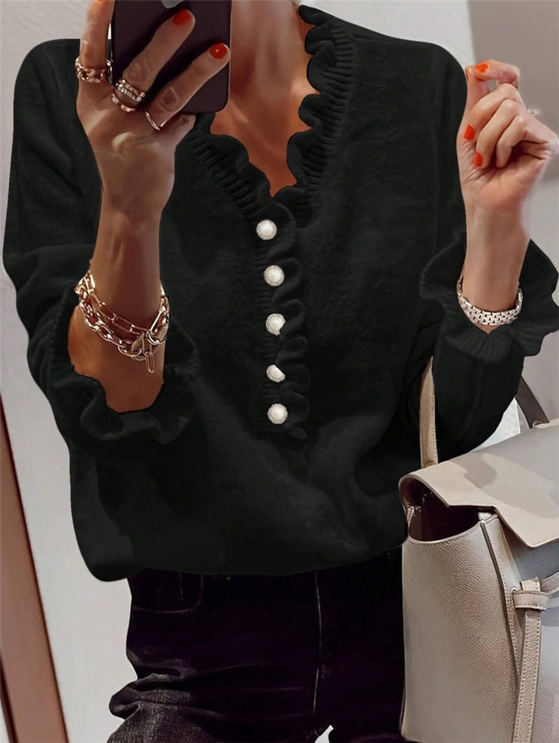 Women's Ruffled V-Neck Knit Sweater – Elegant Winter Pullover