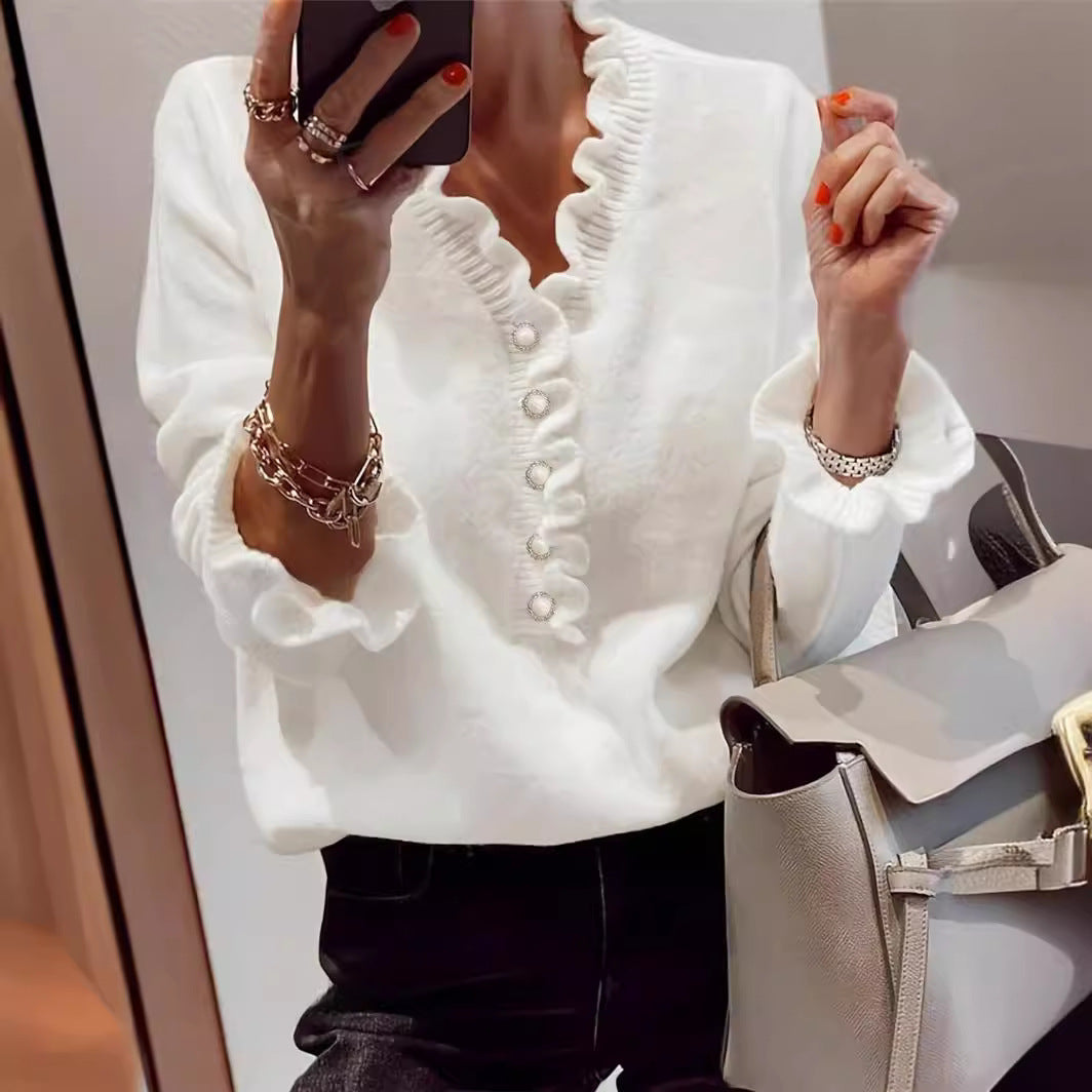 Women's Ruffled V-Neck Knit Sweater – Elegant Winter Pullover